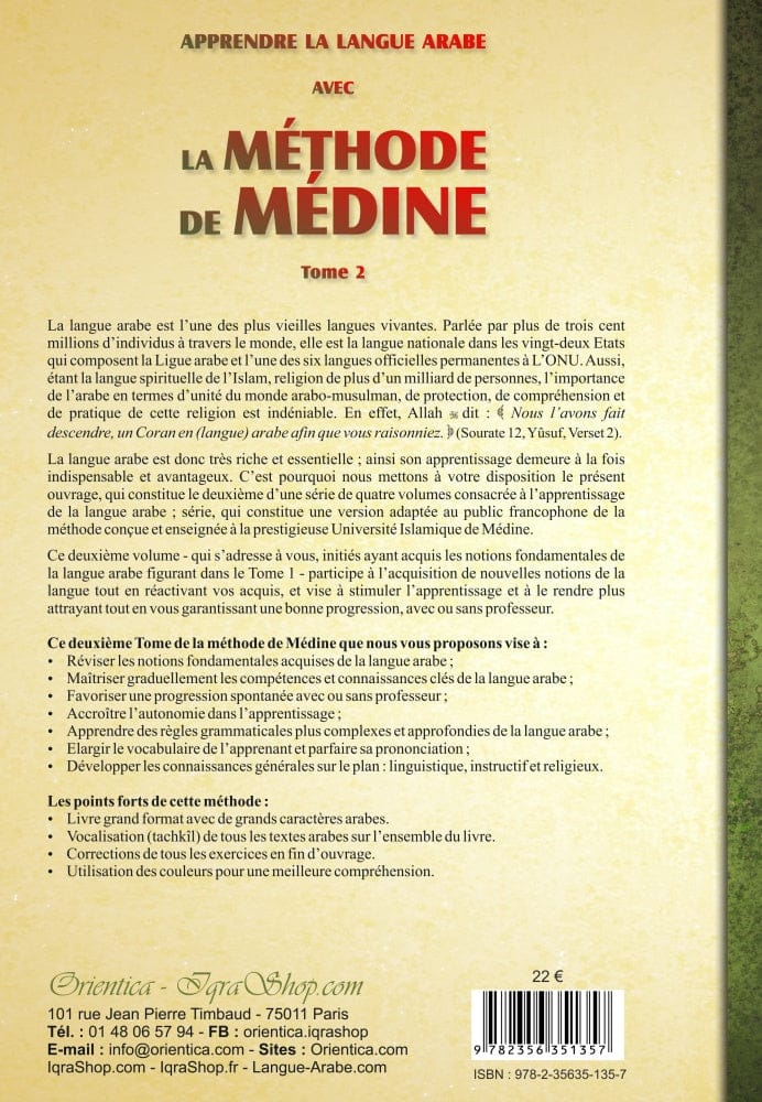 Méthode de Médine Tome 2 — Apprentissage Arabe Francophone | Orientica | Livre Islam Orientica Livres > Islam > Apprendre l'Arabe 9782356351357 Librairie Musulmane Al-imen