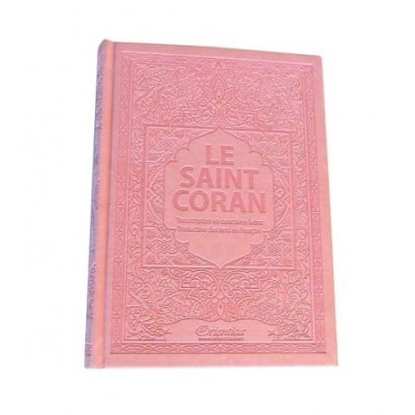 Le Saint Coran - Arabe / Français / Phonétique - Couverture en cuir/daim couleur rose clair Al - imen